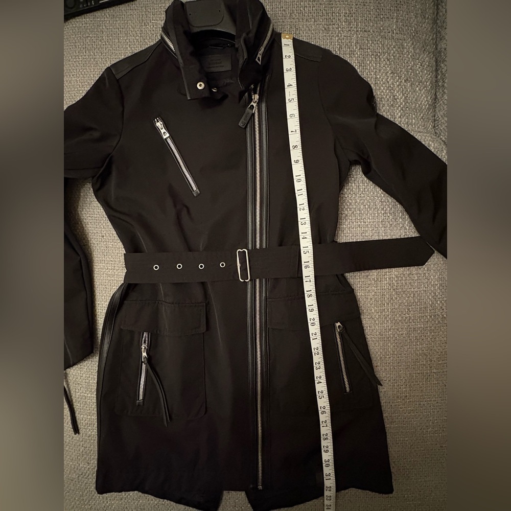 RUDSAK Moira Black Belted Jacket Hidden Hood Leather Trim Size XS - Picture 14 of 16